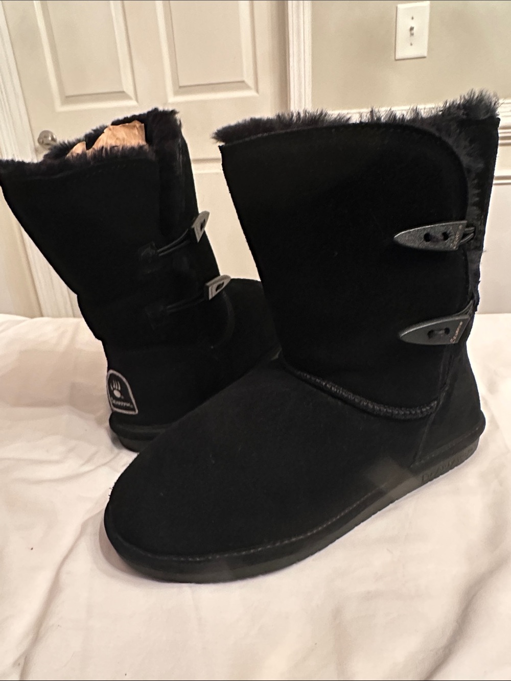 BearPaw Black Faux-Fur Winter Pull-On Boots